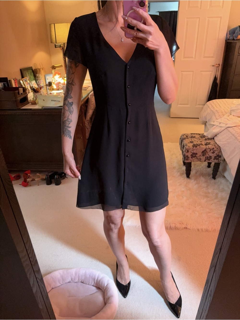 Wilfred Black Button-Front V-Neck Mini Dress
